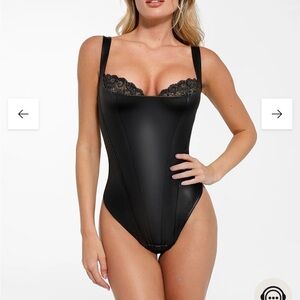Shapewear Faux Leather Lace Balconette Sculpting Bodysuit black
